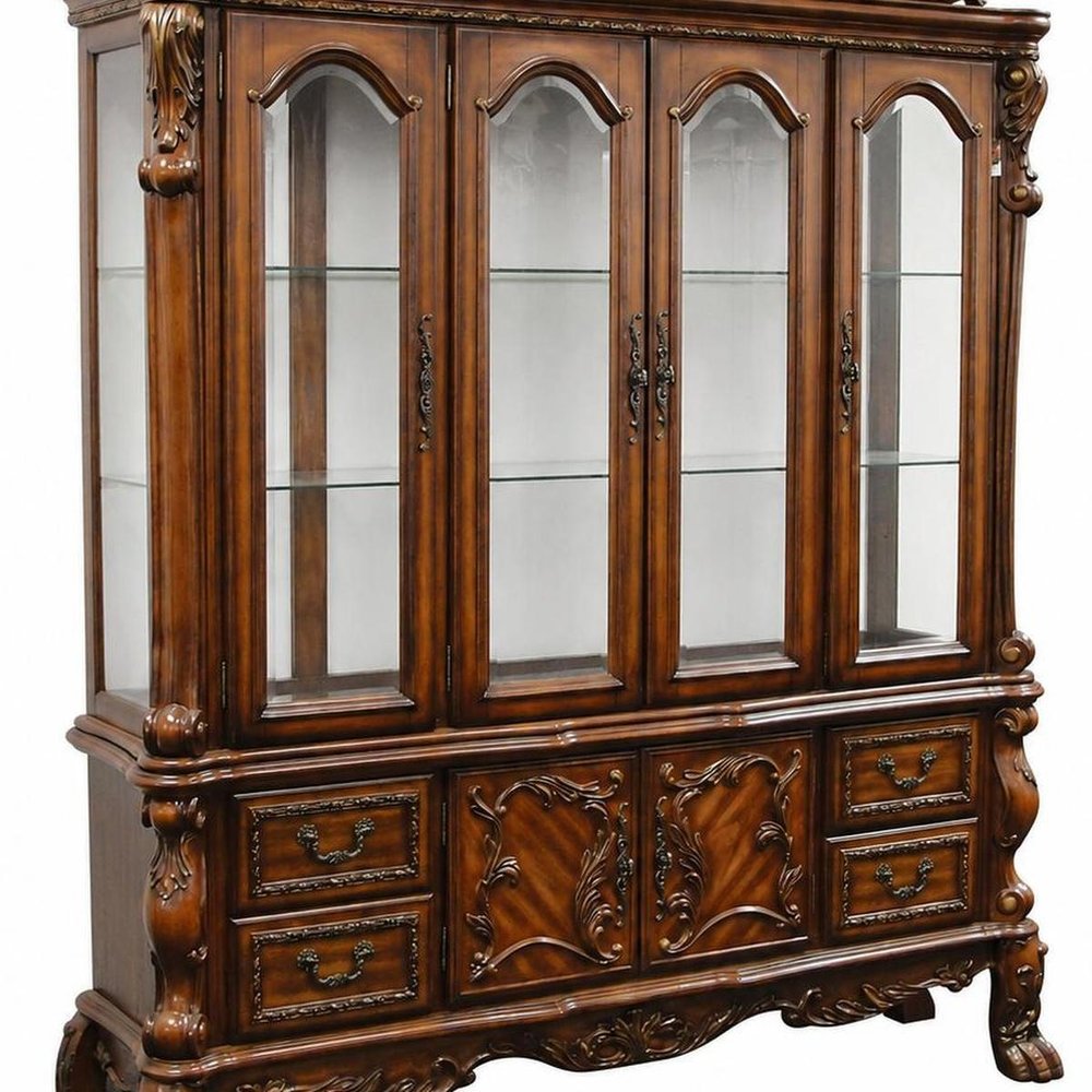 19" X 74" X 89" Cherry Oak Wood Poly Resin Glass Hutch  Buffet
