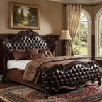 Solid Wood Queen Tufted Dark Brown Upholstered Faux Leather Bed With Nailhead Trim