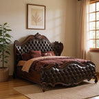 Solid Wood Queen Tufted Dark Brown Upholstered Faux Leather Bed With Nailhead Trim