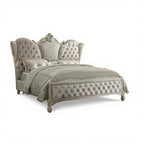 Ivory and White Solid Wood And Tufted Velvet Bed Frame With Nailhead Trim
