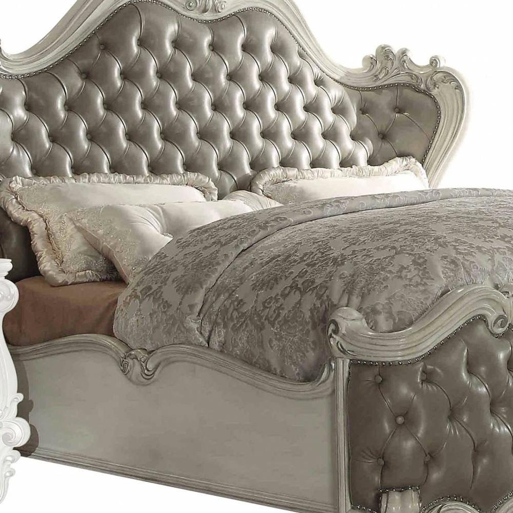 King Tufted Ivory And Gray Upholstered Faux Leather Bed With Nailhead Trim