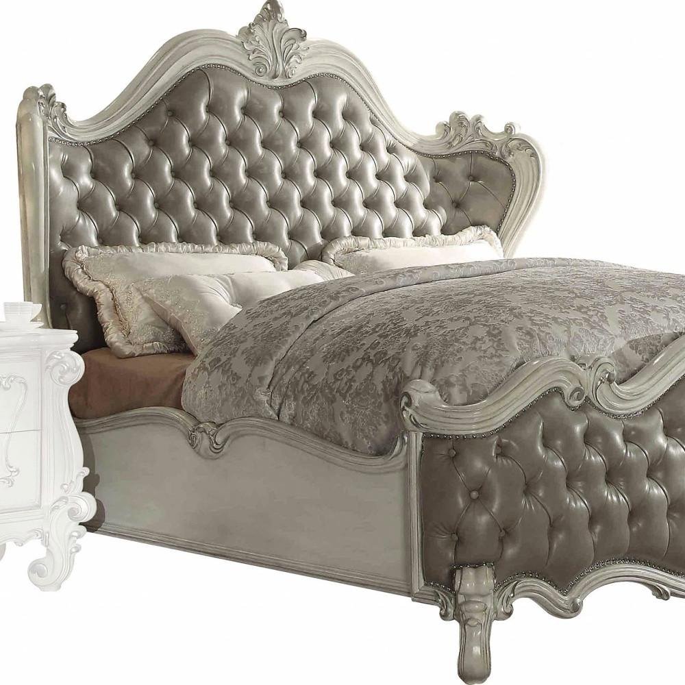 King Tufted Ivory And Gray Upholstered Faux Leather Bed With Nailhead Trim