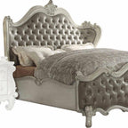 King Tufted Ivory And Gray Upholstered Faux Leather Bed With Nailhead Trim