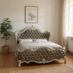 King Tufted Ivory And Gray Upholstered Faux Leather Bed With Nailhead Trim