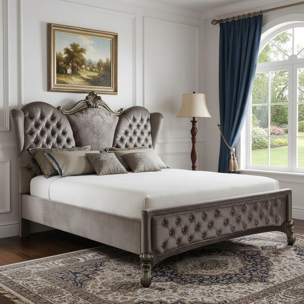 87" X 100" X 75" Velvet Antique Platinum Upholstery Poly Resin California King Bed