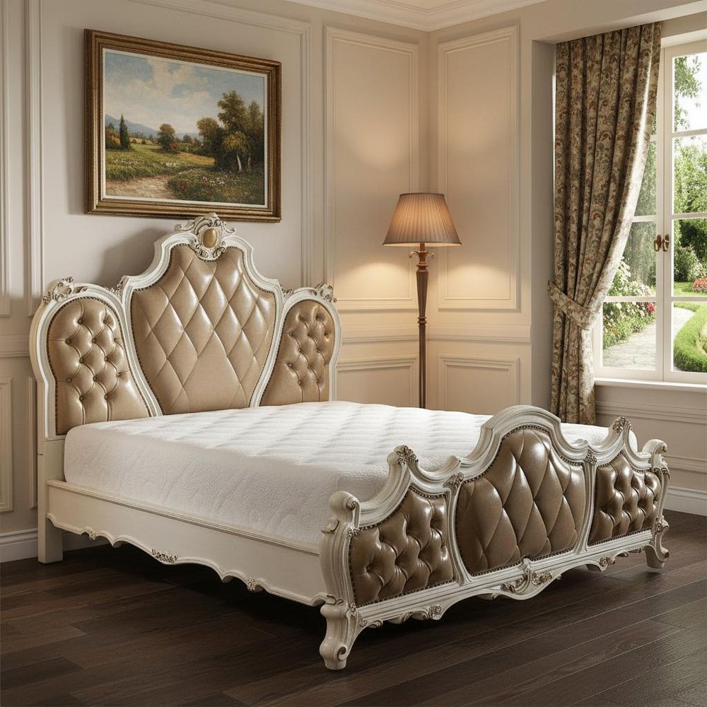 Queen Tufted Beige Upholstered Faux Leather Bed With Nailhead Trim