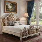 Queen Tufted Beige Upholstered Faux Leather Bed With Nailhead Trim