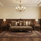 37" Oak Velvet Floral Sofa And Toss Pillows With Espresso Legs