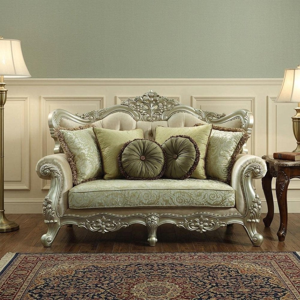 72" Green And Light Green Polyester Blend Damask Chesterfield Loveseat and Toss Pillows