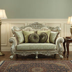 72" Green And Light Green Polyester Blend Damask Chesterfield Loveseat and Toss Pillows