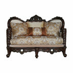 68" Cream And Brown Damask Chesterfield Loveseat and Toss Pillows