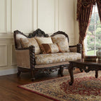 68" Cream And Brown Damask Chesterfield Loveseat and Toss Pillows