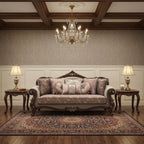 88" Beige Velvet Floral Sofa And Toss Pillows With Brown Legs