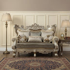 72" Cream And Platinum Damask Chesterfield Loveseat and Toss Pillows
