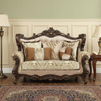 70" Beige and Brown And Brown Damask Loveseat and Toss Pillows