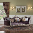 52" Dark Purple Velvet Curved Striped Sofa And Toss Pillows With Platinum Legs