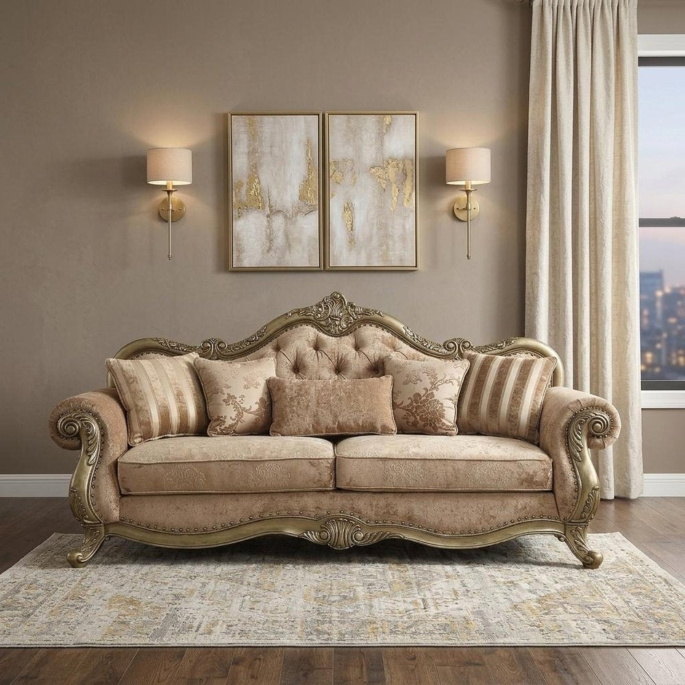 35" Brown Velvet Floral Sofa And Toss Pillows