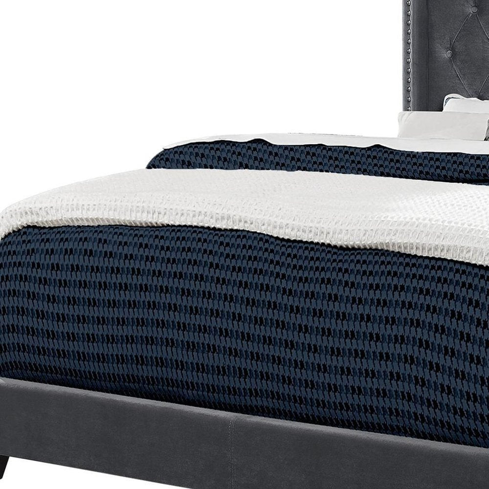 Solid Wood Queen Tufted Gray Upholstered Velvet Bed With Nailhead Trim