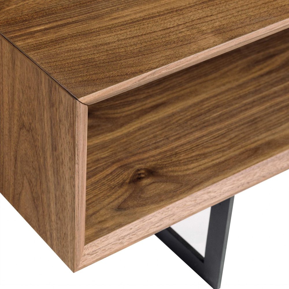 47" Brown and Black Wood And Metal Sled Coffee Table With Two Shelves