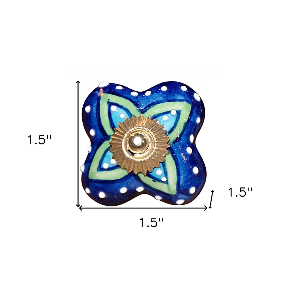 Set of Eight Blue And Green Floral Ceramic Drawer Pull Knobs