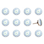 Set of Twelve White And Light Blue Metal And Ceramic Drawer Pull Knobs