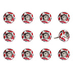 Set of Twelve Red And White Ceramic Drawer Pull Knobs