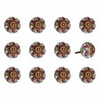 Set of Twelve Red And Yellow Botanical Ceramic Drawer Pull Knobs