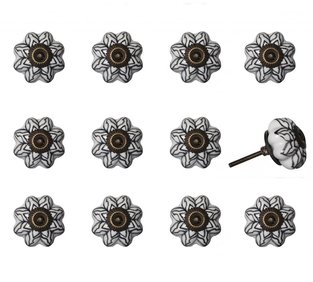 Set of Twelve Black And White Floral Ceramic Drawer Pull Knobs