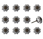 Set of Twelve Black And White Floral Ceramic Drawer Pull Knobs