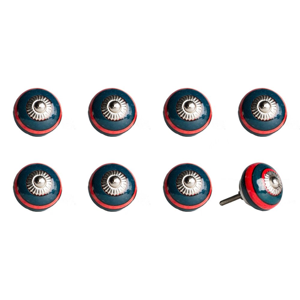 Set of Eight Navy Blue And Red Geometric Ceramic Drawer Pull Knobs