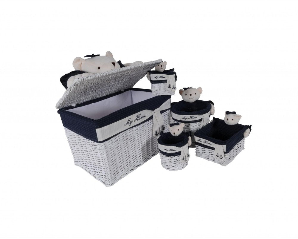 Set of Five Blue And White Rattan Basket