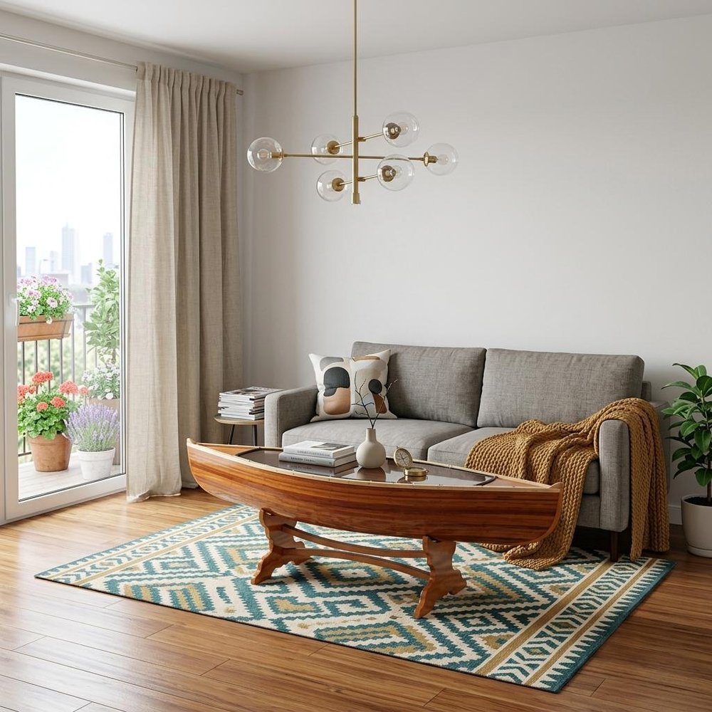 Natural Solid Wood and Glass Canoe Coffee Table