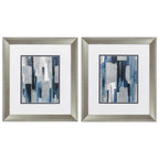 Set of Two Modern Blue Abstract Silver Framed Art