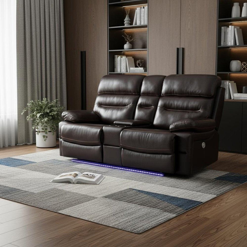 78" Brown Faux Leather Power Reclining Love Seat With Storage