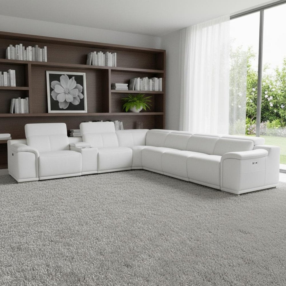 White Italian Leather Power Reclining U Shaped Seven Piece Corner Sectional With Console