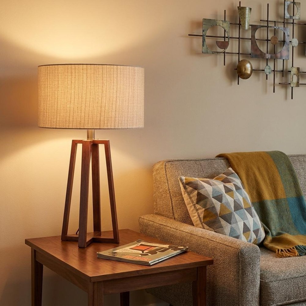 Walnut Wood Finish Linen Fabric Shade Table Lamp
