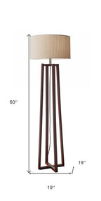60" Brown Solid Wood Novelty Floor Lamp With Beige Fabric Drum Shade