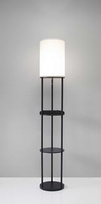 67" Black Metal Column Floor Lamp With White Linen Shade