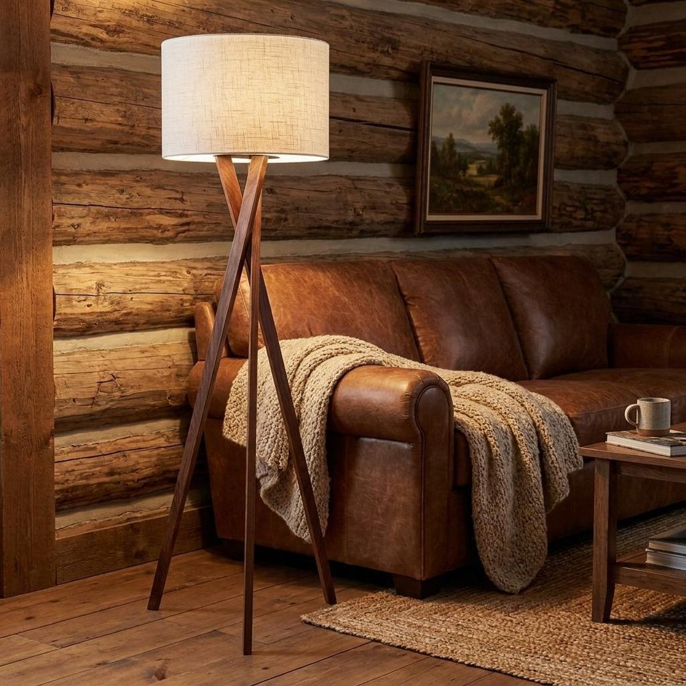 63" Brown And White Solid Wood Tripod Floor Lamp With White Linen Drum Shade