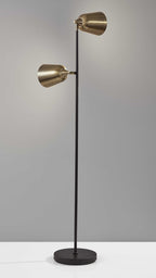58" Black Two Light Task Floor Lamp With Antiqued Brass Metal Cone Shade