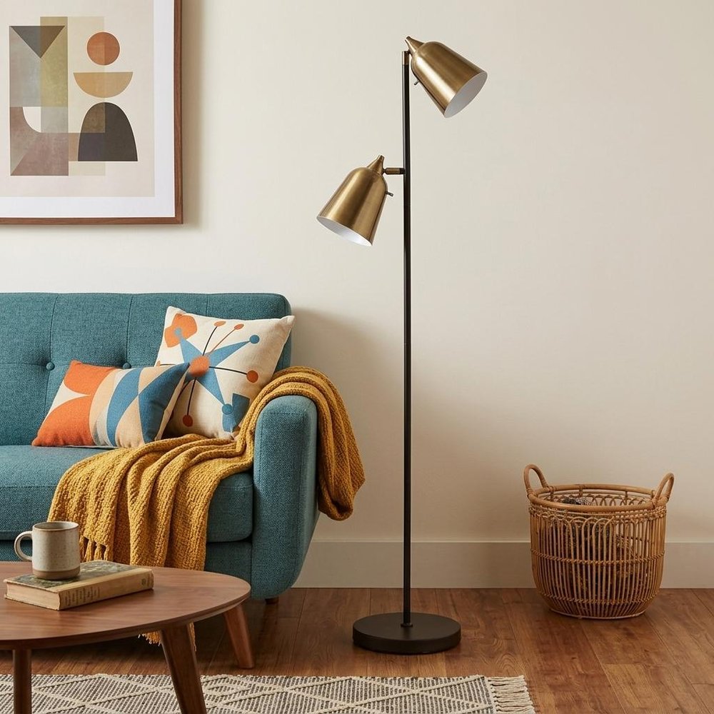 58" Black Two Light Task Floor Lamp With Antiqued Brass Metal Cone Shade