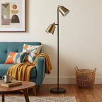 58" Black Two Light Task Floor Lamp With Antiqued Brass Metal Cone Shade