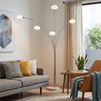86" Steel Five Light Tree Floor Lamp With White Glass Dome Shade
