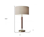 26" Antiqued Brass Solid Wood Table Lamp With Beige Drum Shade