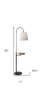 65" Black And Brass Tray Table USB Floor Lamp With Wood Shelf