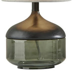 16" Black And Dark Green Wood And Smoked Glass Table Lamp With Beige Drum Shade