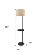 64" Beige And Black Tray Table Floor Lamp With Beige Fabric Drum Shade