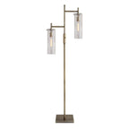 Brass Metal Two Light Novelty Floor Lamp With Clear Glass Drum Shade