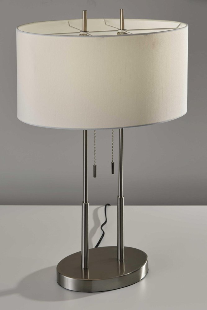 27" Silver Metal Two Light Bedside Lamp With Off White Drum Shade