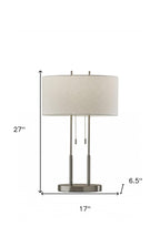 27" Silver Metal Two Light Bedside Lamp With Off White Drum Shade